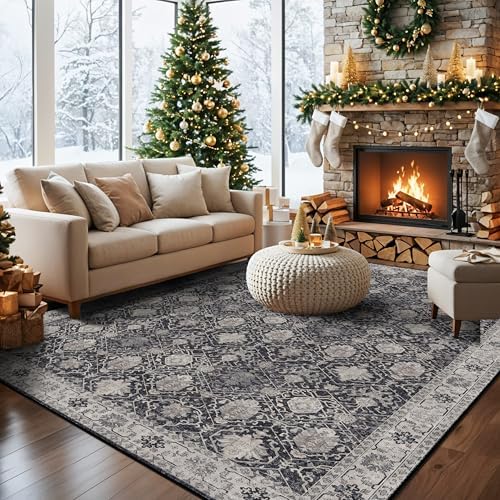 Washable 8x10 Living Room Rug: Vintage Low Pile Water Resistant Area Rug with Non-Slip Backing for Bedroom Dining Room Distressed Carpet for Nursery Indoor Soft Floor Mat for Home Office (8x10 Black) by HYHAOYUNLAI