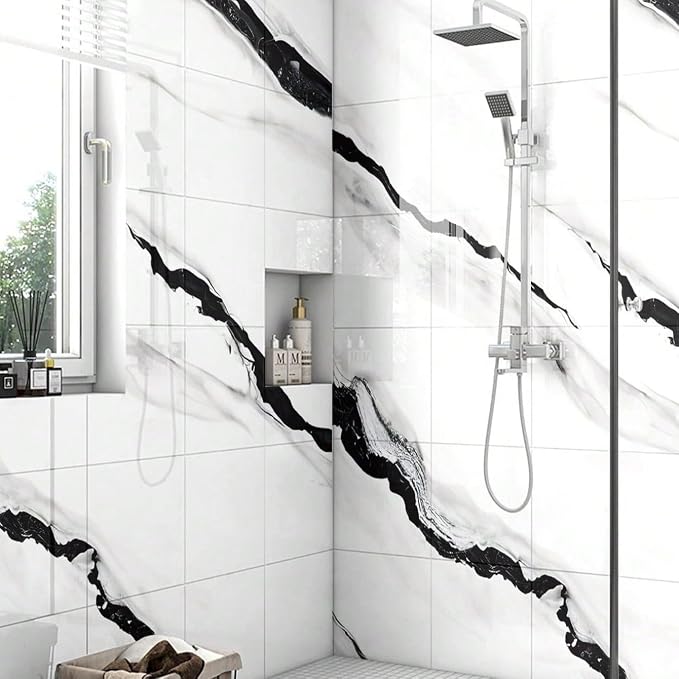 Chejiaye 10pcs Marble Peel and Stick Backsplash Waterproof Washroom Wall Panels, Peel and Stick Tile, PVC Foam Wall Panels for Kitchen,Bathroom,living room,White and Black(Not Real Tile,11.8" x 11.8") - Image 2