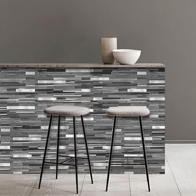 AULIGET 40 Sheets Peel and Stick Backsplash, Black & Grey Wood Look PVC Mixed Metal Stick on Backsplash Tiles for Kitchen - Image 6