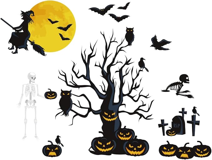Halloween Wall Decals Large Spooky Dead Tree Pumpkin Wall Sticker Witch Flying to Moon Skeleton Bats Owl Graves Removable Vinyl Window Clings DIY Haunted House Holiday Home Party Decorations - Image 9