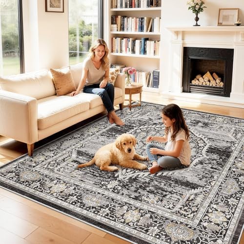 7x7 Area Rug Washable Living Room Rugs: 7ft Square Ultra Thin Soft Oriental Area Rugs Non-Slip Backing Farmhouse Rug Low Pile Thin Stain Resistant Indoor Carpets, 7' x 7' Black by YOUFORTONG