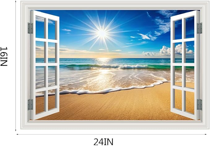 Fake Window Wall Sticker Summer Coastal Sea Beach Poster Decal Picture Open Wall Art Decor, Stick and Peel Landscape Natural Scenery Sunrise Sun Seascape Ocean Canvas Scene Mural,16"x24" - Image 2
