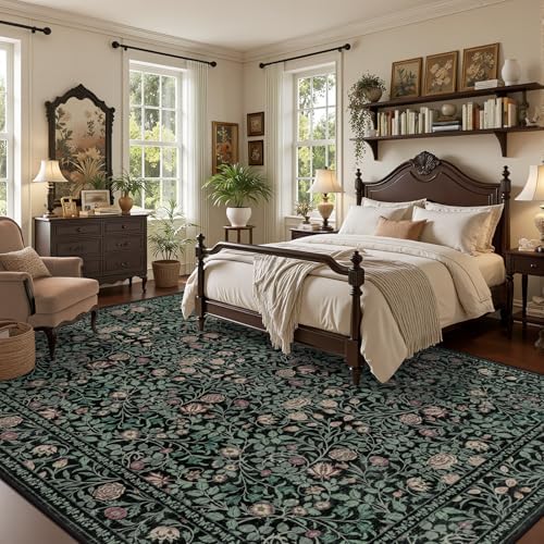 8x10 Area Rug Living Room: Soft Floral Washable Carpet Dark Green - Image 3