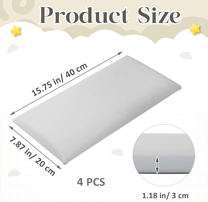 Hahafelt Wall Padding for Playroom Peel and Stick Headboard 3D Anti Collision Upholstered Wall Panels Self Adhesive Headboard(15.75" X 7.87" X 1.18",Light Gray,4 Pack) - Image 3