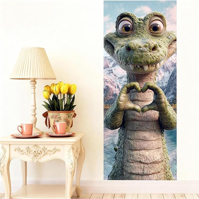 Cute Dragon Door Mural, Fantasy Green Creature Door Cover | Waterproof PVC, 30.3" W x 78.7" L; cute fantasy dragon design for bedroom, kids room, game room or closet doors. - Image 4