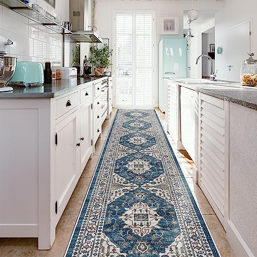 Hallway Washable Runner Rug - 2'6x14 Kitchen Rugs Entryway Rug Runner Vintage Soft Floor Mat Non Slip Indoor Farmhouse Carpet for Bathroom Living Room Bedroom (2'6''x14', Blue) - Image 2