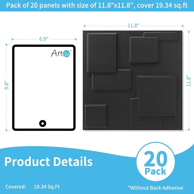 Art3d 20 Pack Decorative 3D Wall Panels, 19 Sq.Feet PVC Interior Wall Décor, 11.8"x11.8", Black - Image 2