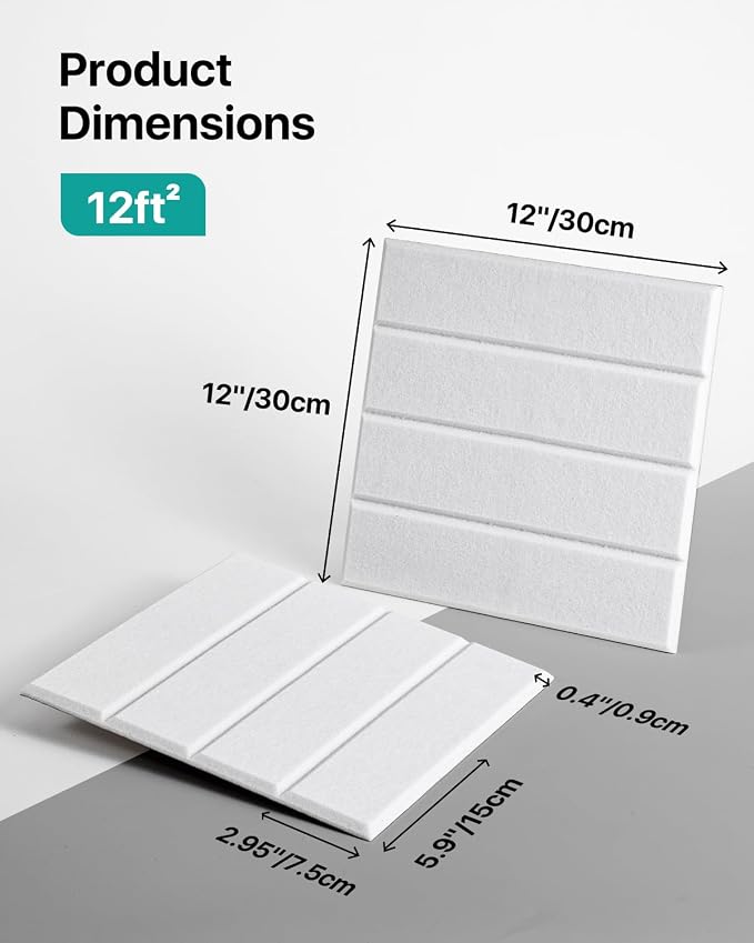 Soundsbay Sound Proof Foam Panels for Walls Self-Adhesive, 12-Pack 12"X12" | Cover 11.6 sq.ft, 150kg/m³ High-Density Polyester, Soundproof Wall Panels for Recording Studio, Home Theater, Office White - Image 6