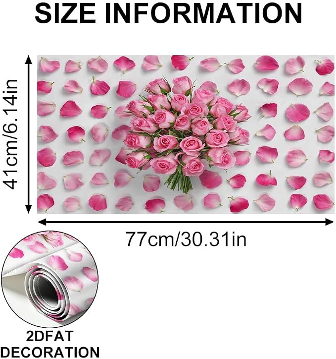 Pink Rose Floral Kitchen Backsplash Peel and Stick, 30x16 in | Pink rose bouquet surrounded by scattered petals on white; flat 2D waterproof peel and stick; wipe clean; 30x16 in - Image 6