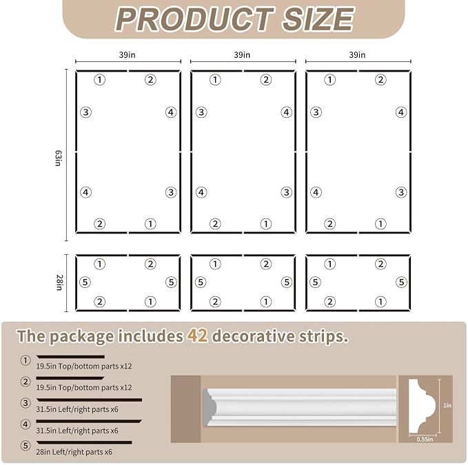 JBER Peel and Stick Wall Molding Kit, 6 Pre-Cut Wainscoting Panels | Ready-to-assemble pre-cut molding, 3D trim panels for interior wall décor, living room & bedroom, 3 top 3 bottom - Image 2