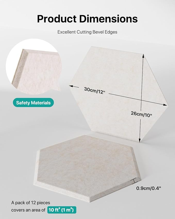 Soundsbay Hexagon Acoustic Panels, Self-Adhesive 18 Pack Sound Panels | 150kg/m³ High-Density Polyester, Covers 15 sq ft Soundproof Wall Panels for Walls, Office, Ceiling 12" X 10" Beige - Image 5