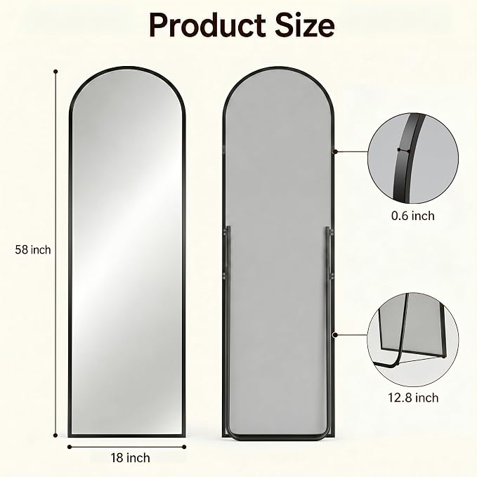 Antok Full Length Mirror, 56"x14" Floor Mirror with Stand, Black, Arched - Image 7