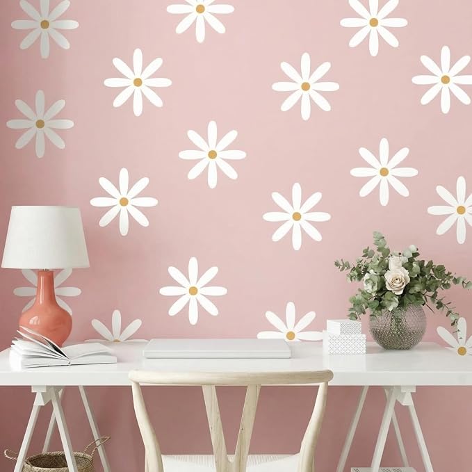 TaoBary 12 Sheet Daisy Wall Sticker Decal,White, Yellow,Fresh Style | Big Flower Wall Sticker, Pink White Floral Decal, Daisy Bedroom Room Decor, Removable Peel and Stick, Nursery Home Wall Decor by TaoBary