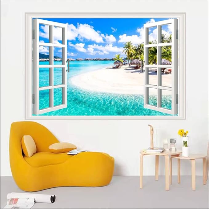 Self-Adhesive Wall Sticker Romantic Living Room Bedroom Study Office Decorative Wall Sticker Ocean Scenery Fake Window Sticker Mural (36"×48", Crescent Beach) - Image 5