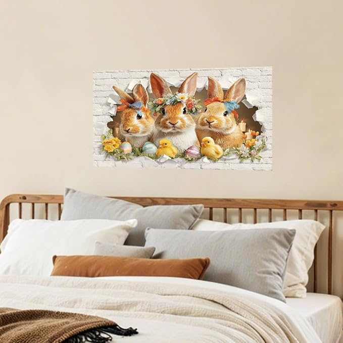 Easter Bunny Kitchen Backsplash Peel and Stick, 30x16 in | Flower-crowned bunnies bursting through brick wall with Easter eggs and chicks; flat 2D peel and stick; wipe clean; 30x16 in - Image 7
