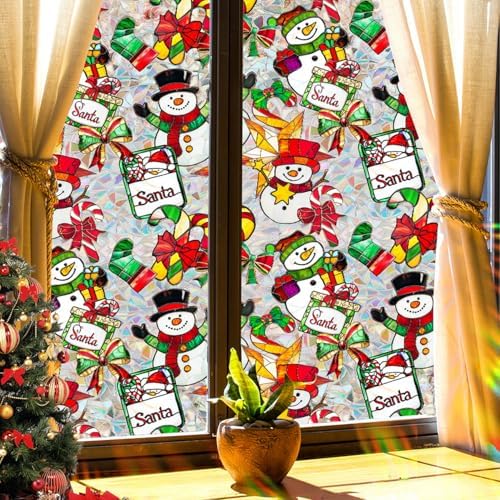 Christmas Stained Glass Window Cling Rainbow Tinted Window Film Privacy Stained Glass Window Decal Snowman Bow Candy Cane Windows Decals for Home School Xmas Party Decoration 17x 39.3 Inch - Image 5