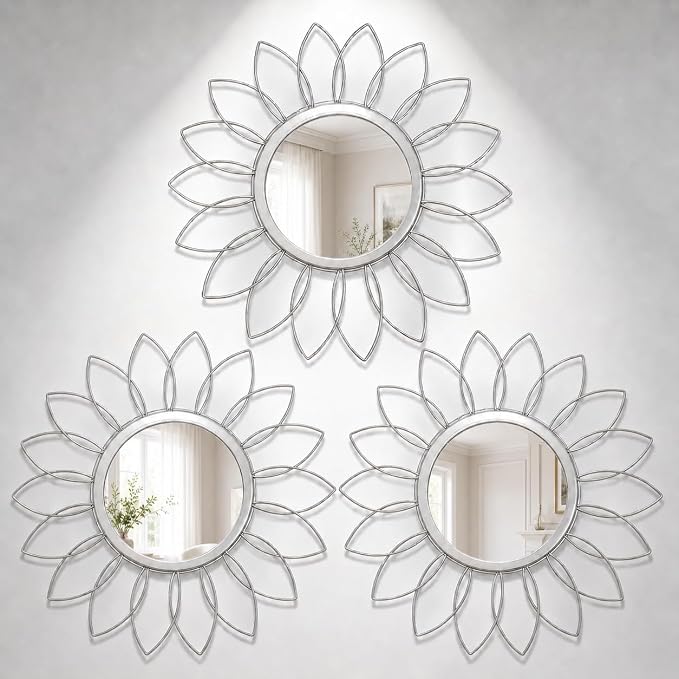Silver Flower Mirror Set of 3, 3PCS Metal Round Decorative Wall Mirrors, Floral Petal Accent Mirror Wall Decor for Bathroom, Living Room, Bedroom & Entryway by HMANGE