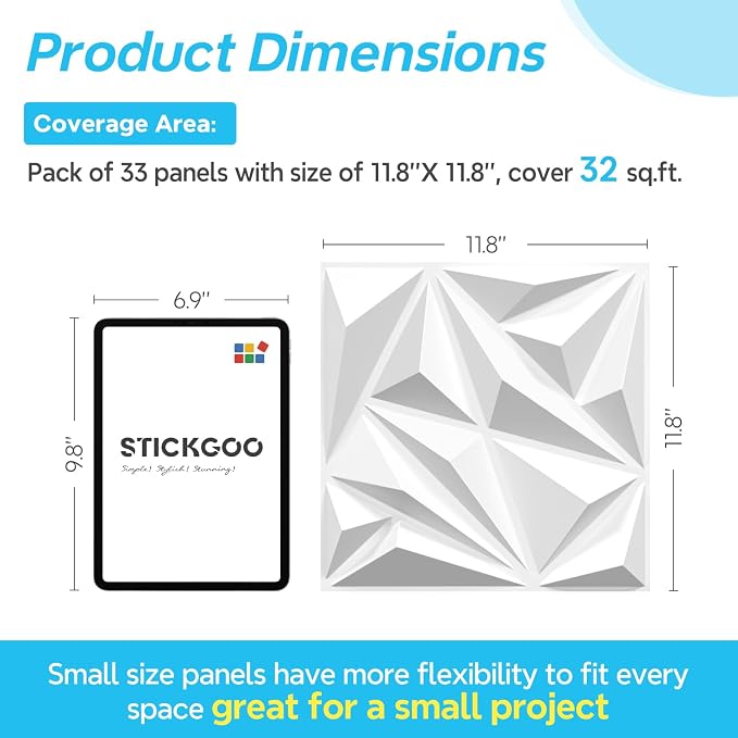 STICKGOO 3D Wall Panels Diamond, White, 12''x12'', 33 Pack | Accent Wall Panels for Interior Wall Decor, Living Room, Bedroom, TV Background, Office, Cover 32 Sq.Ft - Image 3
