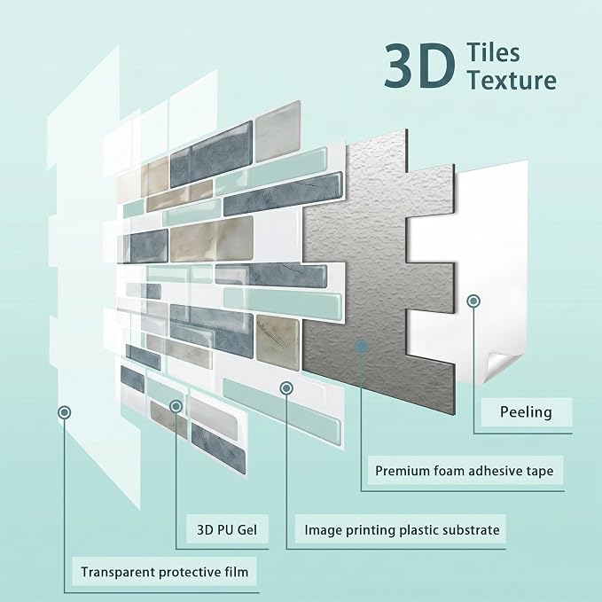 Arttown Peel and Stick 3D Wall Backsplash, 10-Sheet, 12" × 12" Blue Gray | Subway Tiles Self Adhesive Thicker Design Wall Tile Panel Wallpaper for Kitchen Bathroom Balcony - Image 5