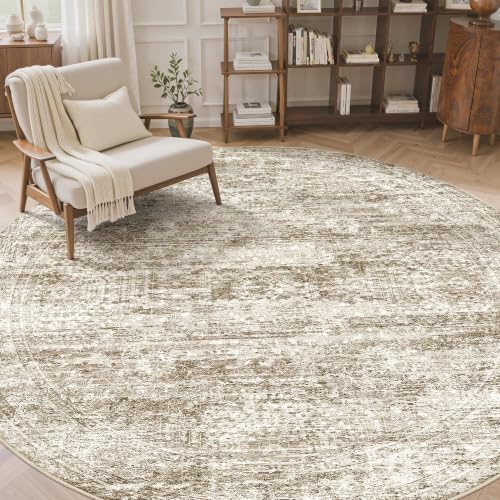 Soalmost Round Rugs 9ft Living Room Circle Area Rug 9x9 Brown Vintage - Image 3