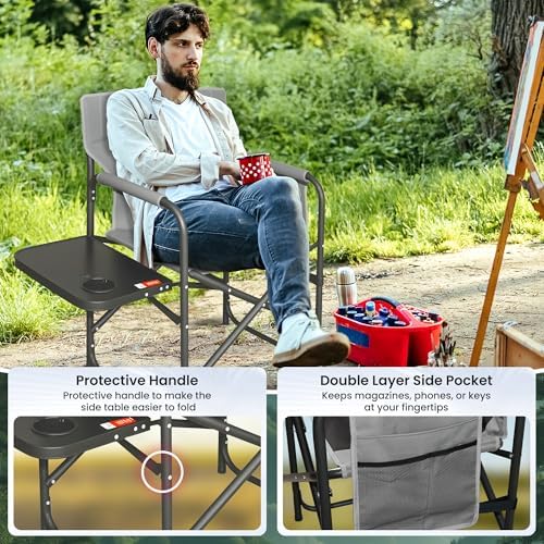 2 Pack Directors Chair 17.5" Seat Height, Bar Height Folding Chair with Side Table, Foldable Camping Chair with Side Pocket for Makeup Artist, Sports Event, Supports 400LBS - Black - Image 4