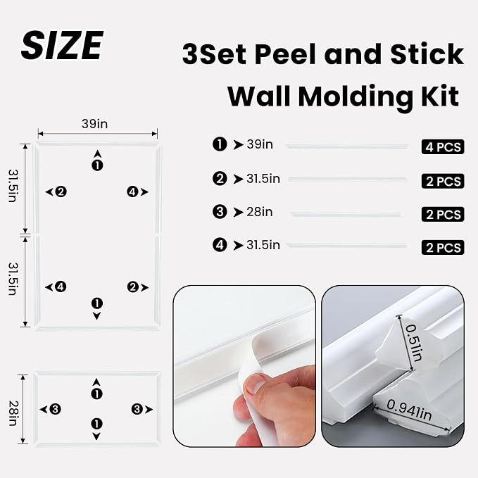 3 Sets Framed Premade Peel and Stick Wall Molding Kit – Pre-Cut Wainscoting Panels Set, Self-Adhesive Installation for Living Room, Bedroom Accent Wall Decor（63 * 39IN-39 * 28IN） - Image 2