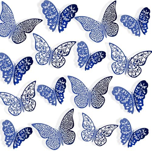 Bememo 72 Pcs 3D Butterfly Wall Decals, 3 Sizes,Sapphire Blue | Metallic Hollow Design for Bedroom Living Room, Removable Adhesive Wall Decor, Easy Peel Stick Party Decoration Stickers by Bememo