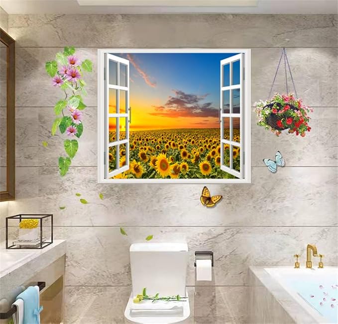 Self-Adhesive Wall Sticker Romantic Living Room Bedroom Study Office Decorative Wall Sticker Ocean Scenery Fake Window Sticker Mural (17.3"×27.6", Sunflower) - Image 2