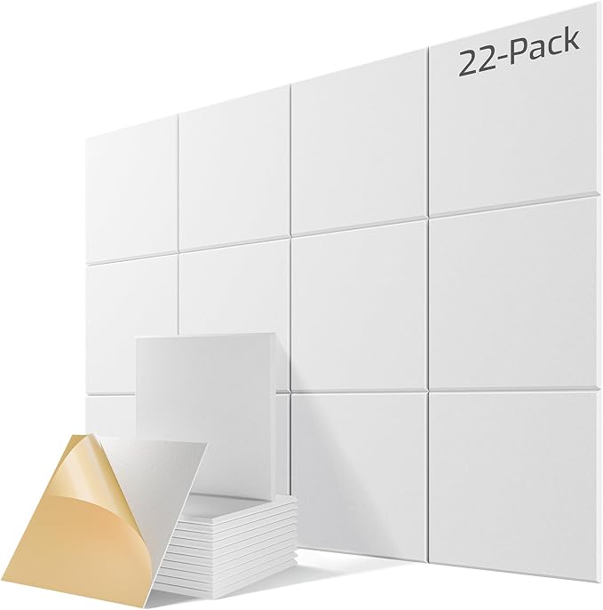 22 Pack Self-Adhesive Sound Proof Foam Panels for Walls 12"x12"x0.4" Fabric | High-Density Acoustic Panels, Noise Reducing Soundproof Wall Panels for Home Studio, Office, Easy-Install White by Lebenforce