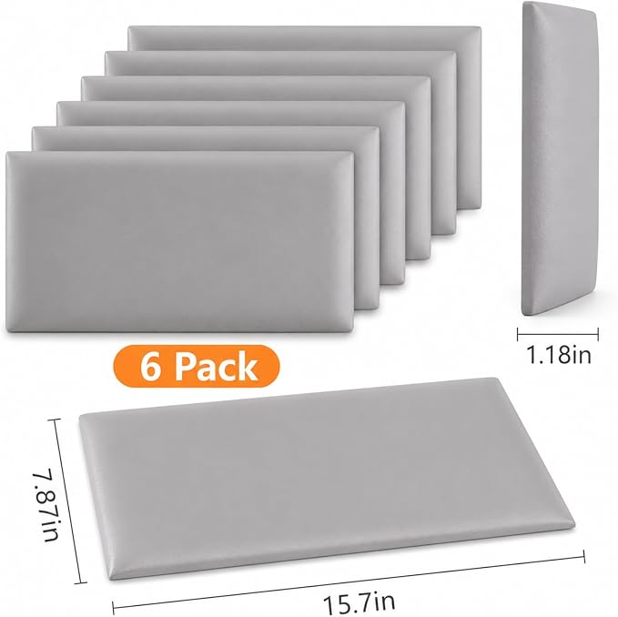 Anti Collision Wall Padding for Kids, Upholstered 3D Wall Panels | 6 Packs 7.8'' x 15.7'' Peel and Stick Headboard, Self Adhesive Wall Pads for Kids, Bedroom, Living Room, Gray - Image 3