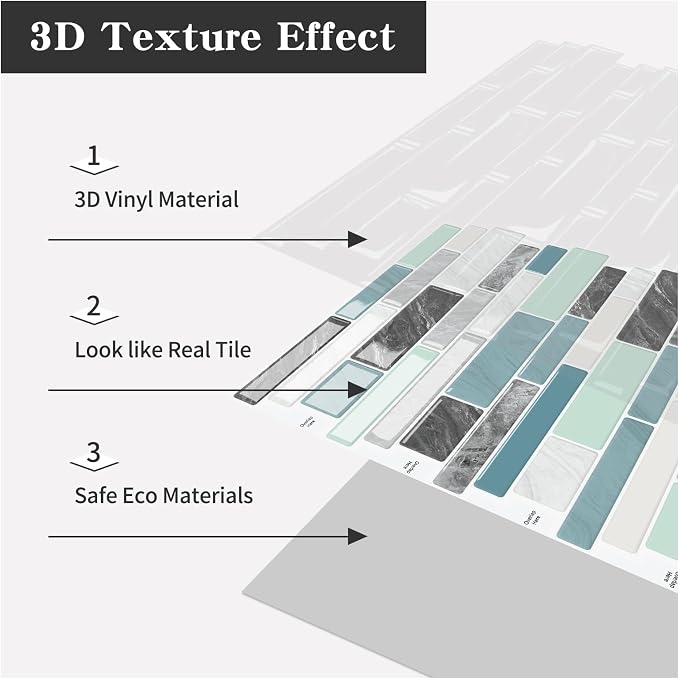 10-Sheet Peel and Stick Kitchen Backsplash Tiles | 3D Waterproof Self Adhesive Wall Tile Stick on Backsplash for Kitchen and Bathroom(Blue Green,12"×12") - Image 7