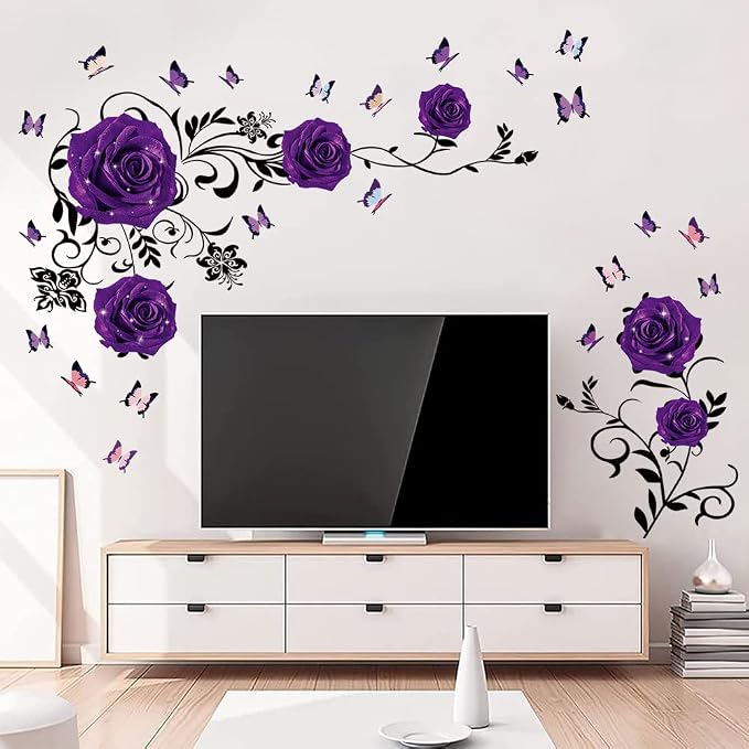 Supzone Purple Rose Wall Stickers Rose Flower Vine Wall Decal Purple Peony Floral Wall Decor DIY Vinyl Mural Art for Bedroom Living Room Sofa Backdrop by Supzone