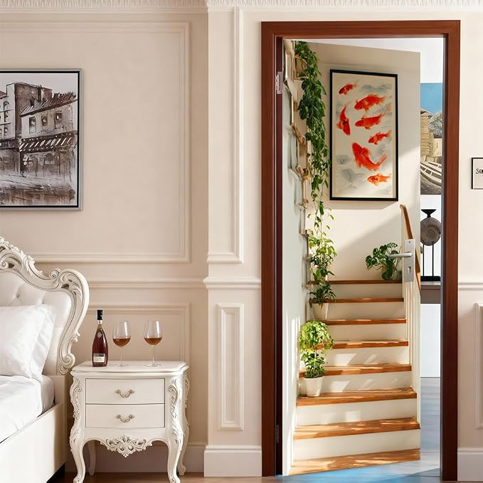 Koi Stairway Door Mural, Botanical Modern Steps Door Cover | Waterproof PVC, 30.3" W x 78.7" L; koi stairway design for bedroom, hallway, entryway or office doors. - Image 3