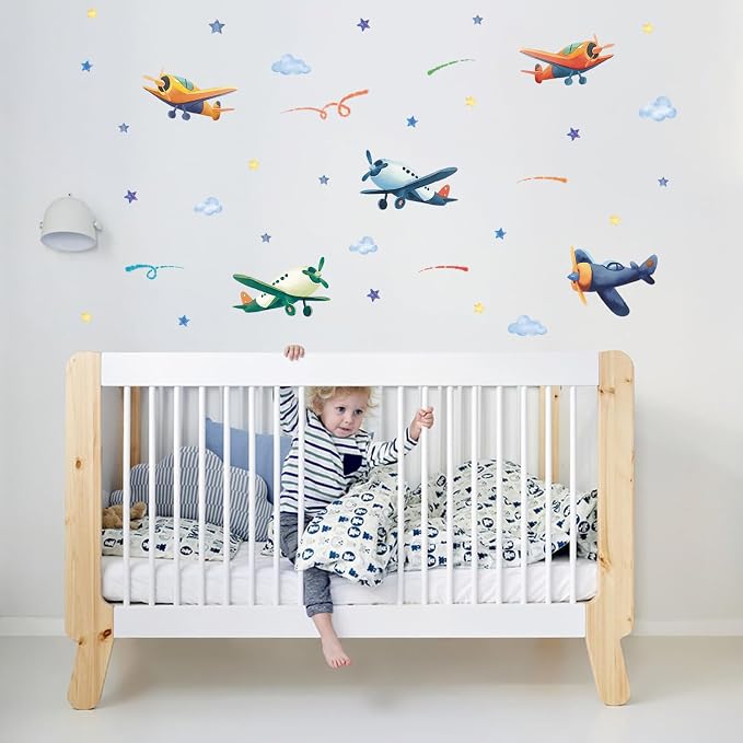 LHIUEM Airplanes Wall Decals Plane Wall Stickers for Boys Room 43PCS Watercolor Airplane Kids Party Favor Gifts Airplane Kit Wallpaper Peel and Stick Decal Cartoon Glider Planes for Nursery Playroom - Image 4