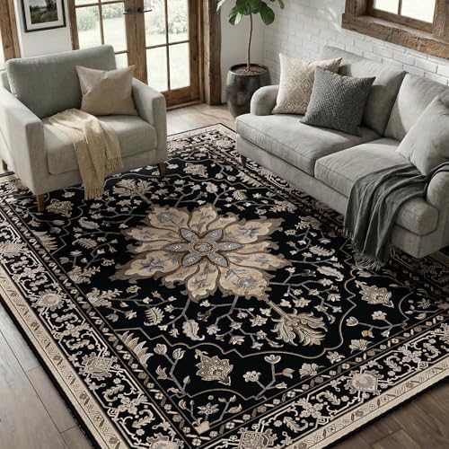 RELEANY Washable Area Rug, 5'x7', Black/Neutral by RELEANY