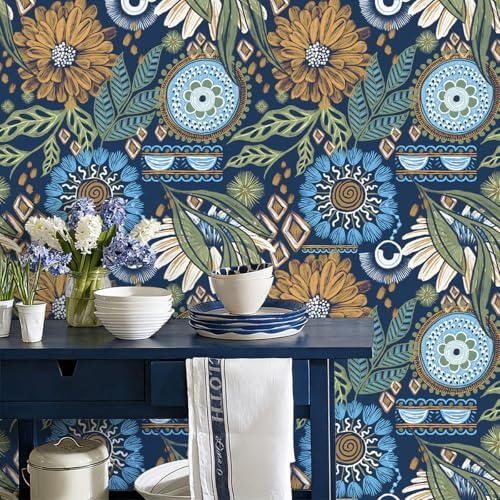 HAOKHOME Navy Floral Peel and Stick Wallpaper Retro Bathroom 17.7inx 32.8ft | Extra Long Renter Friendly Removable Waterproof Textured Wall Paper Vinatage Mustard Yellow Flowers Bedroom Accent Wall Decor - Image 4