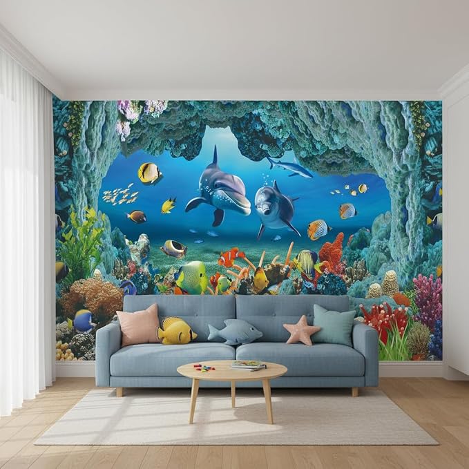 MFWFM Ocean Wallpaper Peel and Stick Underwater 3D Dolphin Wall Murals | 137"x96", for Bedroom Living Room Bathroom, Self Adhesive Canvas - Image 2