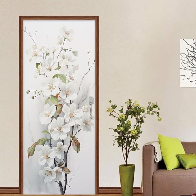 REDAMANCY White Cherry Flowers Tree Peel and Stick Door Vinyl 3D Mural Decals Self-Adhesive, Waterproof, Removable - Image 4