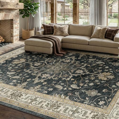 RELEANY Washable Area Rug, 7'x9', Black/Vintage/Beige by RELEANY