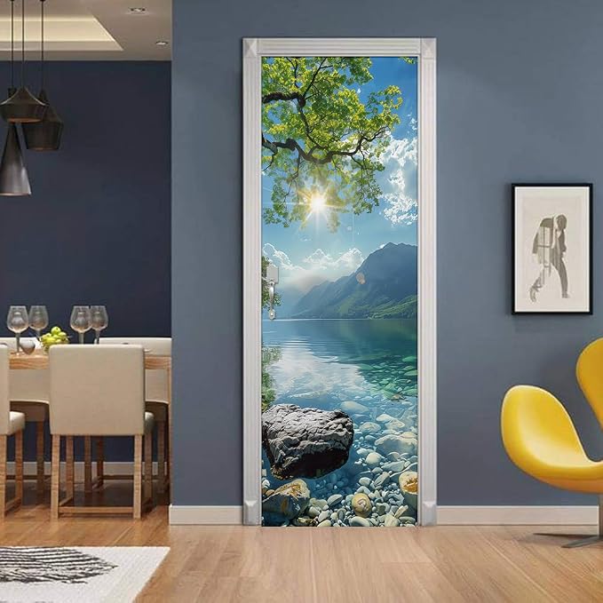 Green Tree Forest Lake Rock Sun Landscape Nature Door Stickers Decals Peel and Stick Removable Vinyl Waterproof Self Adhesive Wall Covers for Home 30.3" W x 78.7" H - Image 3