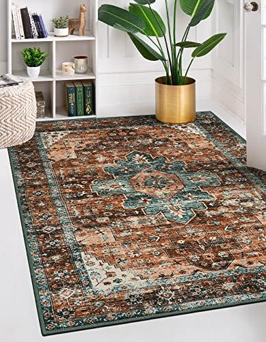 Moynesa Ultra-Thin Washable Vintage Area Rug - 5x7 Large Boho Non-Slip Rug for Bedroom Living Room Oriental Medallion Non-Shedding Print Floor Carpet for Dining Room Home, Brick Red/Dull Teal by Moynesa