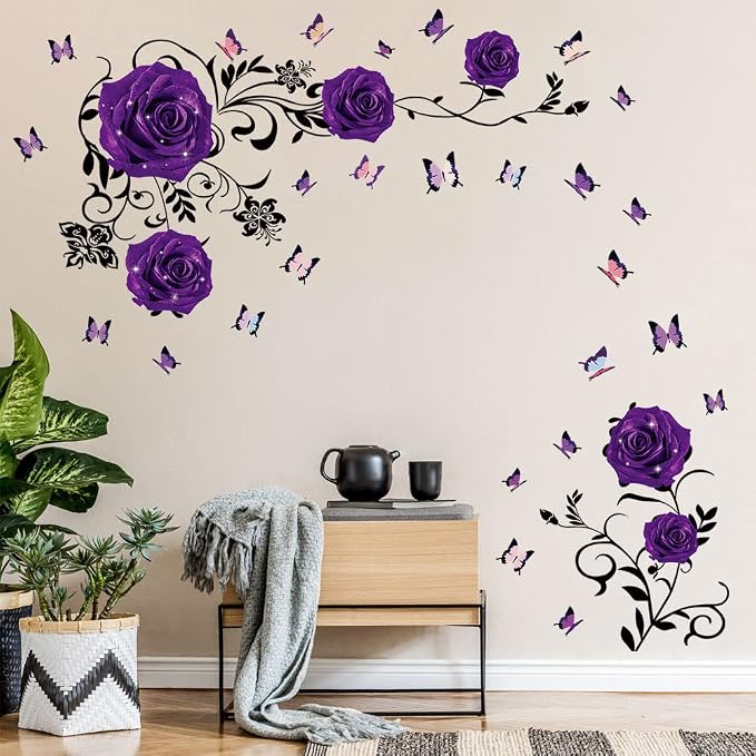 Supzone Purple Rose Wall Stickers Rose Flower Vine Wall Decal Purple Peony Floral Wall Decor DIY Vinyl Mural Art for Bedroom Living Room Sofa Backdrop - Image 6
