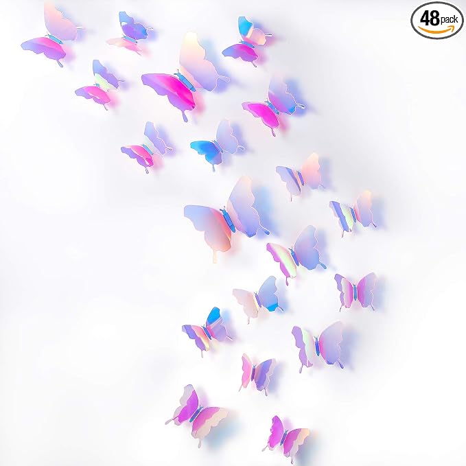 BBTO 48 Pcs 3D Butterfly Mirror Wall Decor,Transparency Colorful Pink | Butterfly Stickers,3 Sizes,for Birthday Party Cake,Room Nursery Bathroom Wall Decor,Removable Peel Stick,Reflective by BBTO