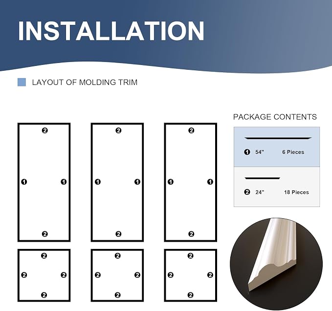 NeatiEase Peel and Stick Wall Molding Kit 6-Frame Pre-Made, Ready-to-Assemble Wall Moulding Panel Frame, Self-Adhesive Wainscoting Panels, Molding Trim for Interior Walls Doors Home Decor (54"x24") - Image 2