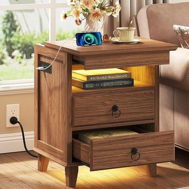 Yusong LED Night Stand with Gun Drawer, Bedside Table with Charging Station, Sofa Couch End Side Table with with 2 Drawers ＆Open Shelf for Bedroom, Brown - Image 4