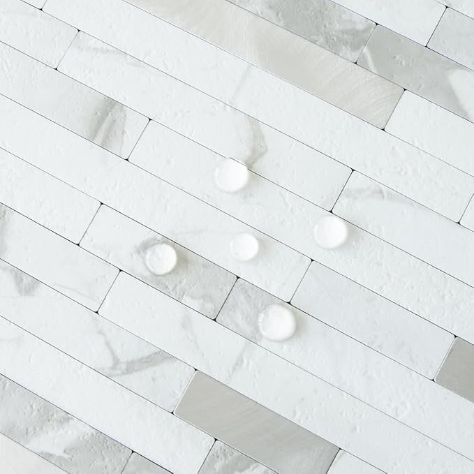 AULIGET 20 Sheets White Stone Peel and Stick Backsplash, PVC Mixed Metal Silver Wall Tile Stick on Backsplash for Kitchen and Bathroom - Image 3