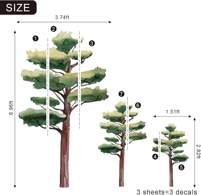 7.4 Ft x 5.9 Ft Pine Tree Wall Decals, Life Size for Nursery | Loose Watercolor Pine Forest Peel and Stick Mural, Self-Adhesive Calming Decor, Ideal for Playrooms and Kids' Bedrooms - Image 4