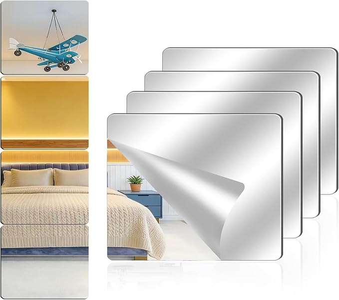 4 Pack Acrylic Mirrors for Wall,8 x 10 Inch Self Adhesive Frameless Small Mirror Tiles, Flexible Plastic Mirror Sheets for Bedroom Home Gym Door (4Pcs 8×10inch) by Unknown