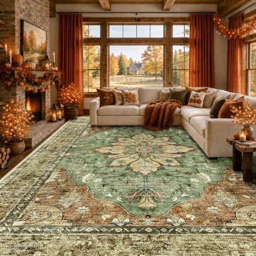 RELEANY Washable Area Rug, 8'x10', Brick/Brown/Green - Image 2