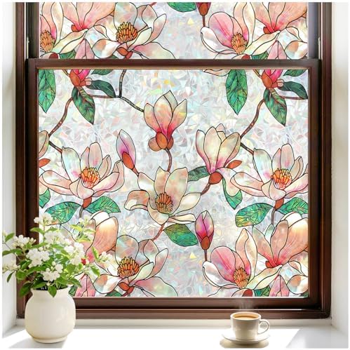 rabbitgoo Stained Glass Window Privacy Film, Magnolia, 23.6" x 78.5" by rabbitgoo